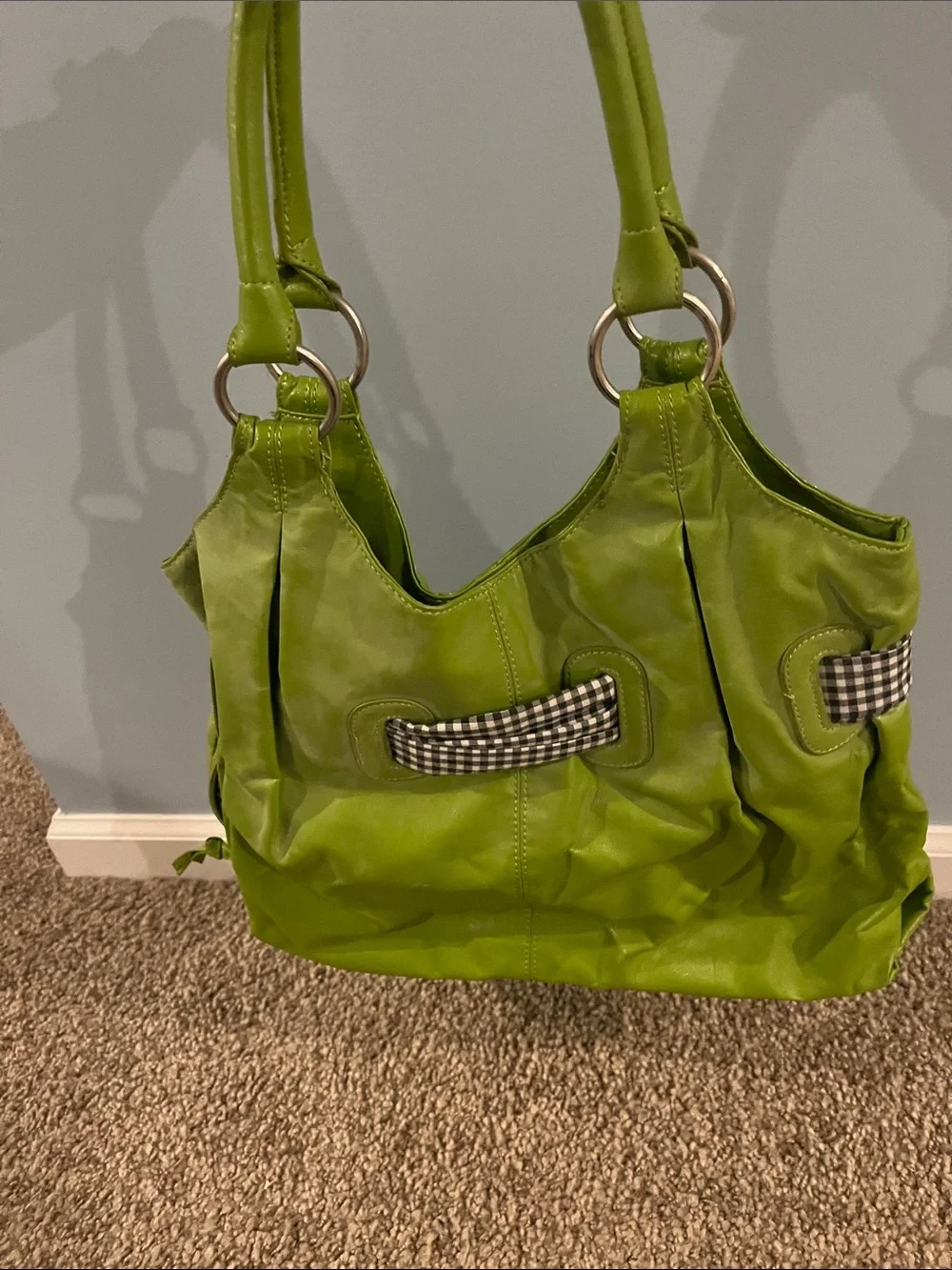 Green Shoulder Tote with Gingham Bow